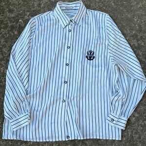 Vintage Modhill White & Navy Pinstripe Shirt Gold Crest Buttons Size L Satin